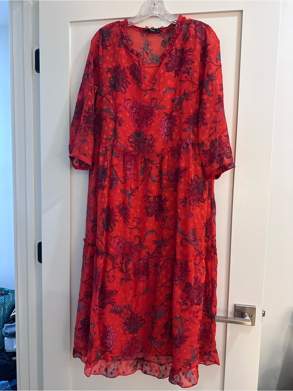 Vintage Red Floral Tiered Midi Dress